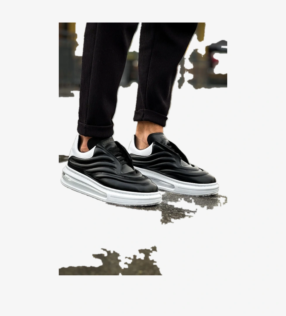 Bağcıklı Balon Taban Erkek Spor Ayakkabı Siyah Beyaz