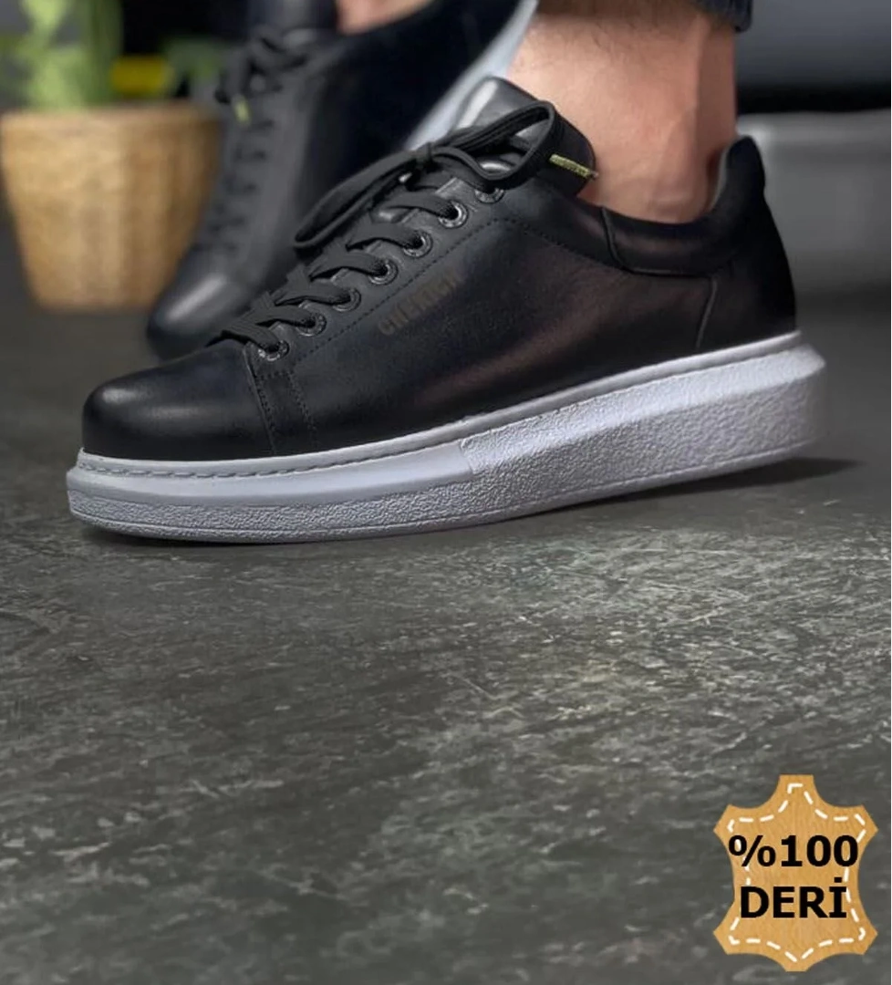Bağcıklı Hakiki Deri Erkek Spor Ayakkabı Siyah