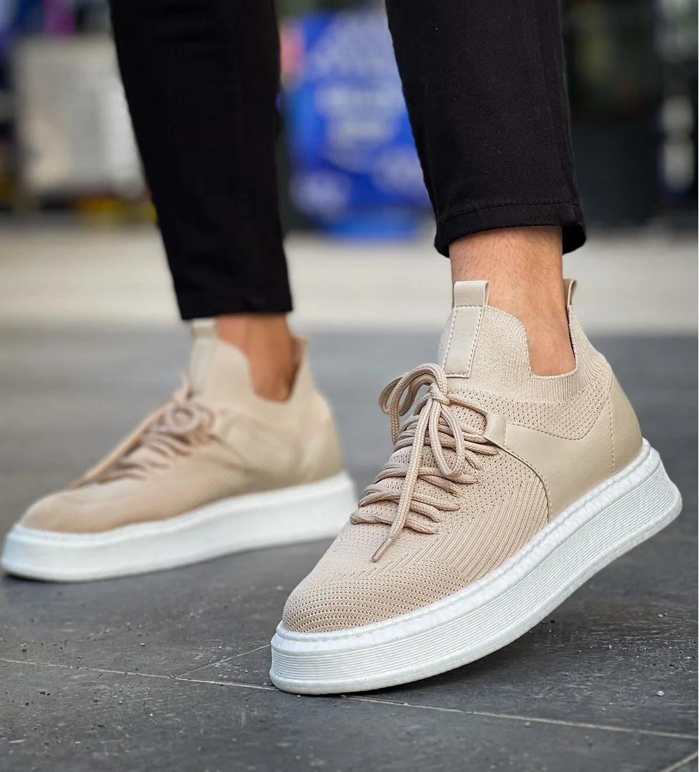 Bağcık Detaylı Triko Kumaş Erkek Spor Ayakkabı Krem