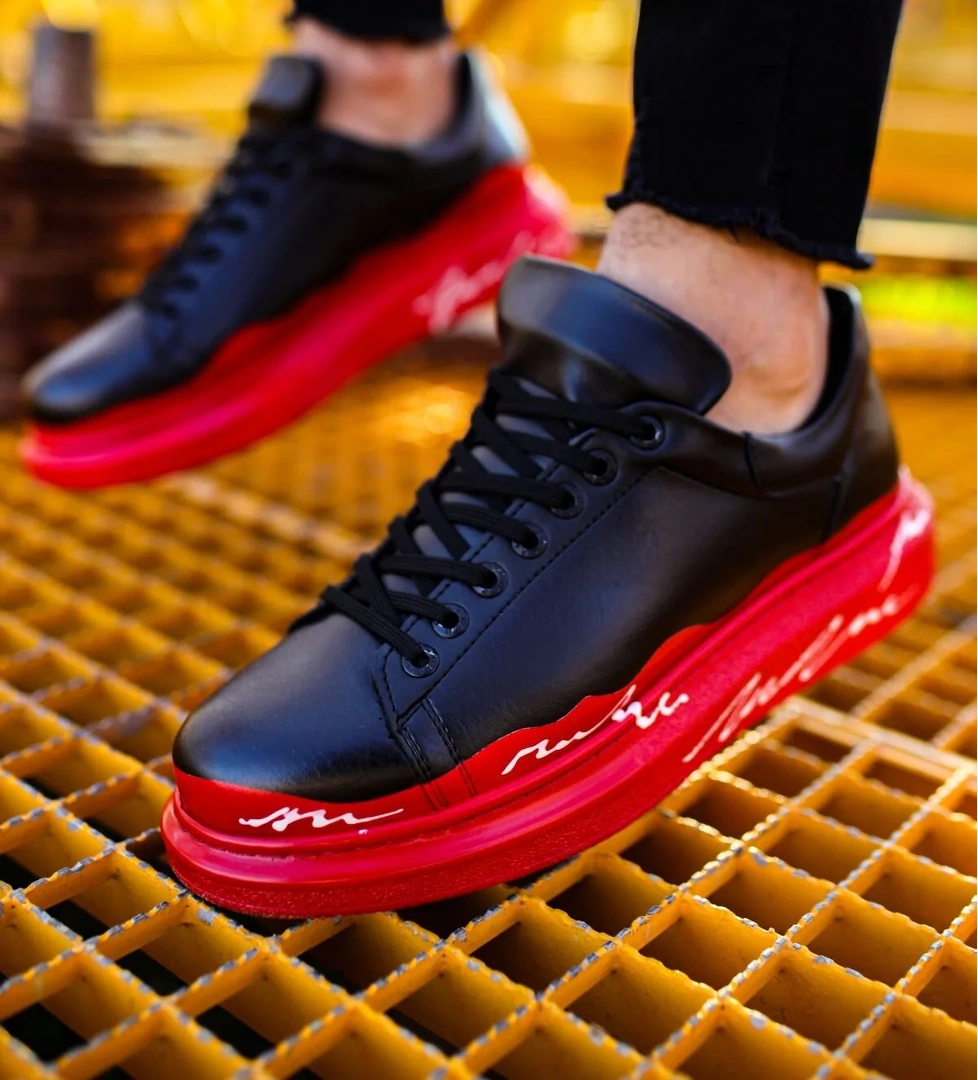 Bağcıklı Baskılı Erkek Spor Ayakkabı Kırmızı Beyaz Taban