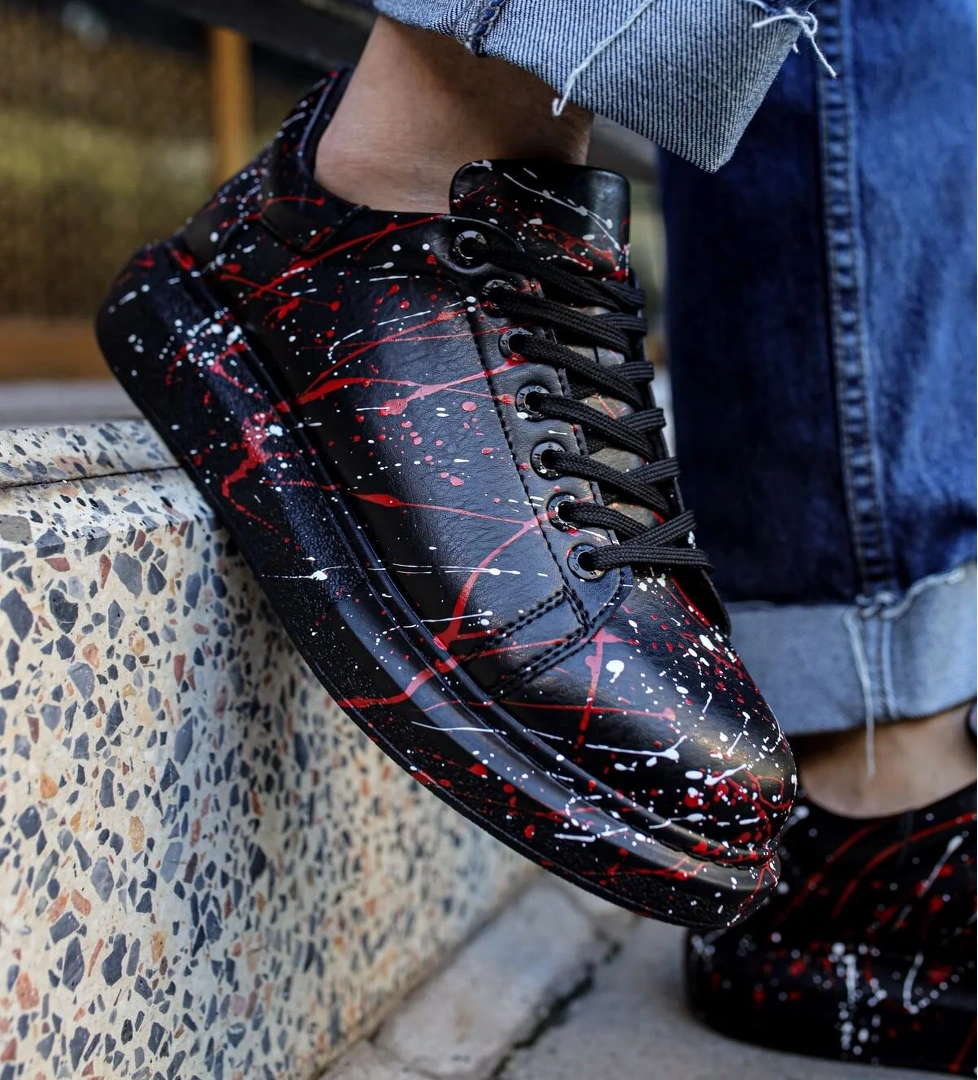 Bağcıklı Baskılı Erkek Spor Ayakkabı Siyah Beyaz Kırmızı Splush