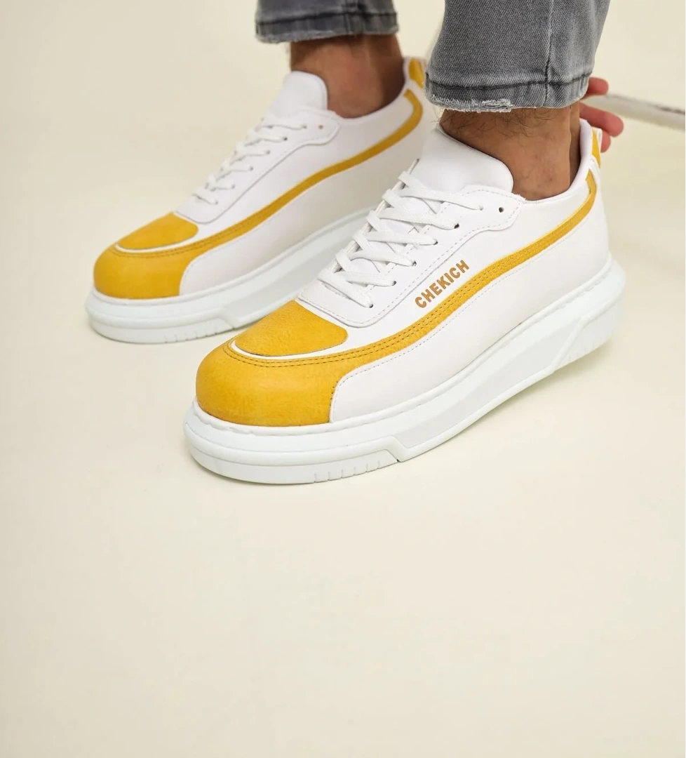 Bağcıklı Erkek Spor Ayakkabı Beyaz Sarı