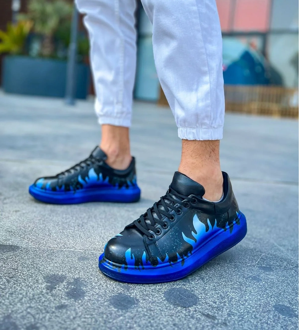 Bağcıklı Baskılı Erkek Spor Ayakkabı Siyah Mavi - Görsel 1