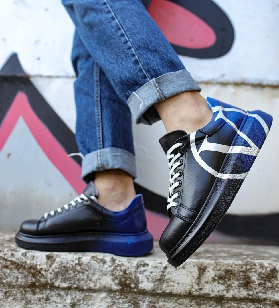 Bağcıklı Baskılı Erkek Spor Ayakkabı Siyah Mavi