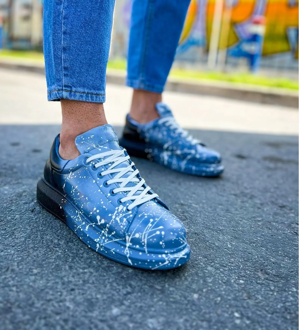 Bağcıklı Baskılı Erkek Spor Ayakkabı Mavi Siyah Splush