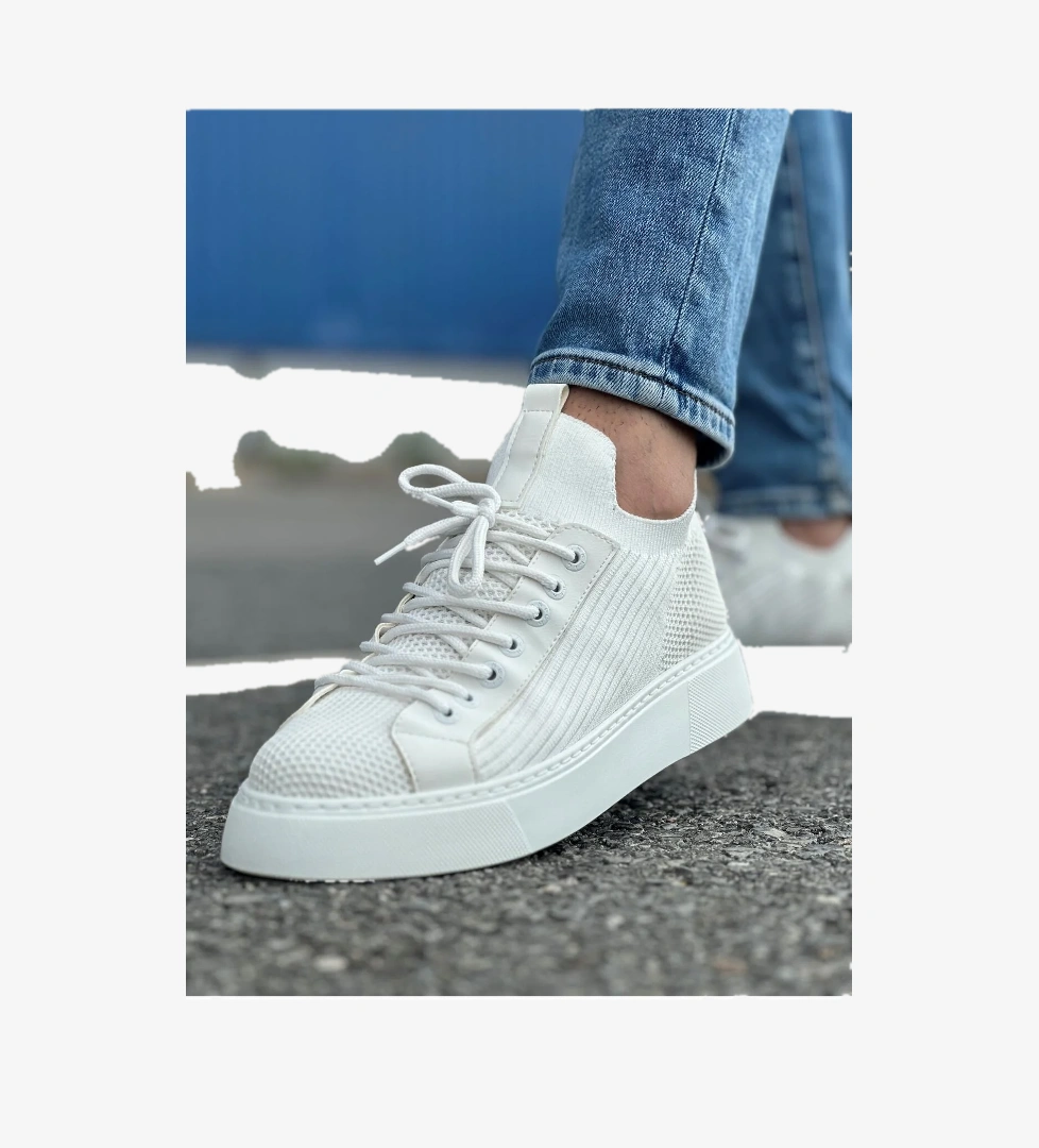 Bağcık Detaylı Triko Kumaş Erkek Spor Ayakkabı Beyaz