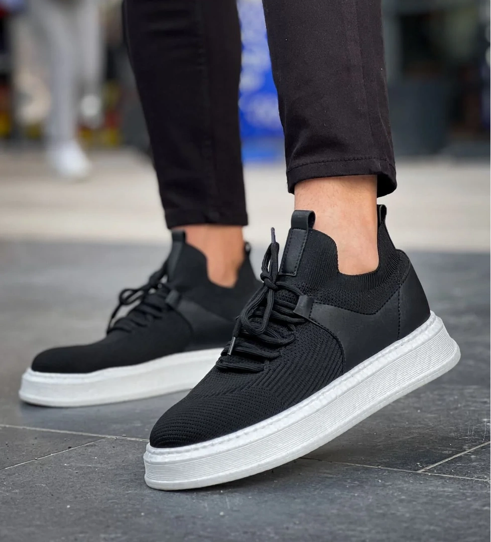 Bağcık Detaylı Triko Kumaş Erkek Spor Ayakkabı Siyah - Görsel 1