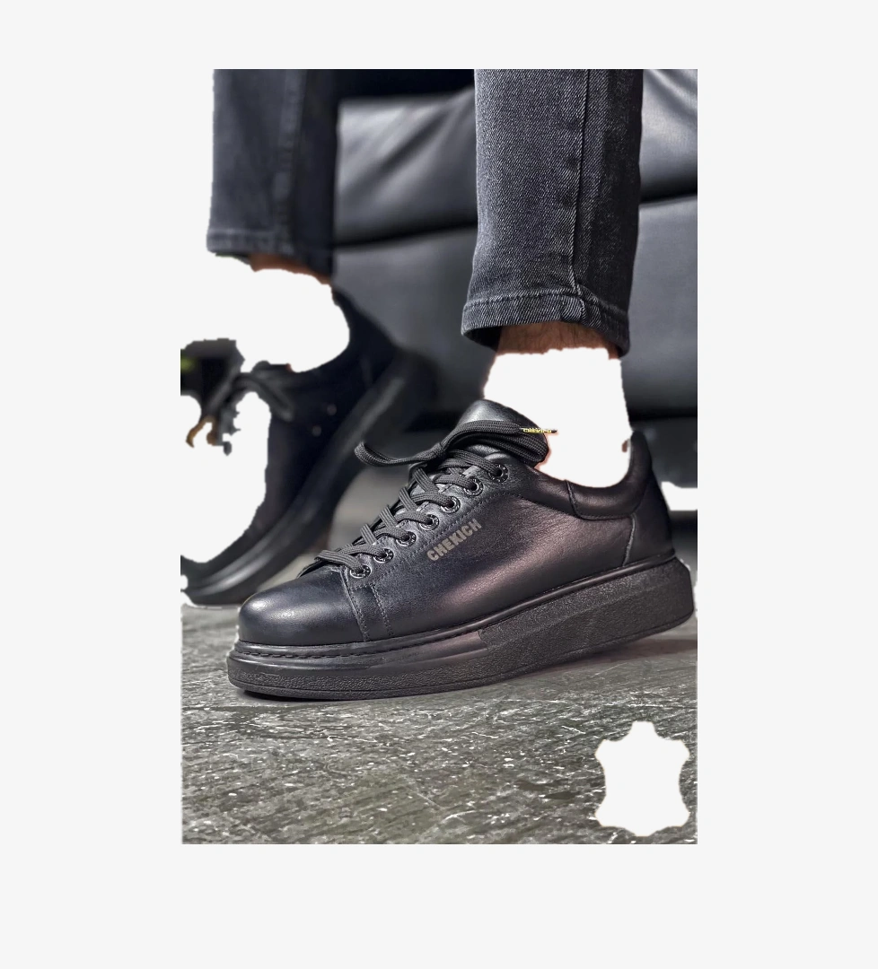 Pabucmarketi Bağcıklı Hakiki Deri Erkek Spor Ayakkabı Siyah model görseli