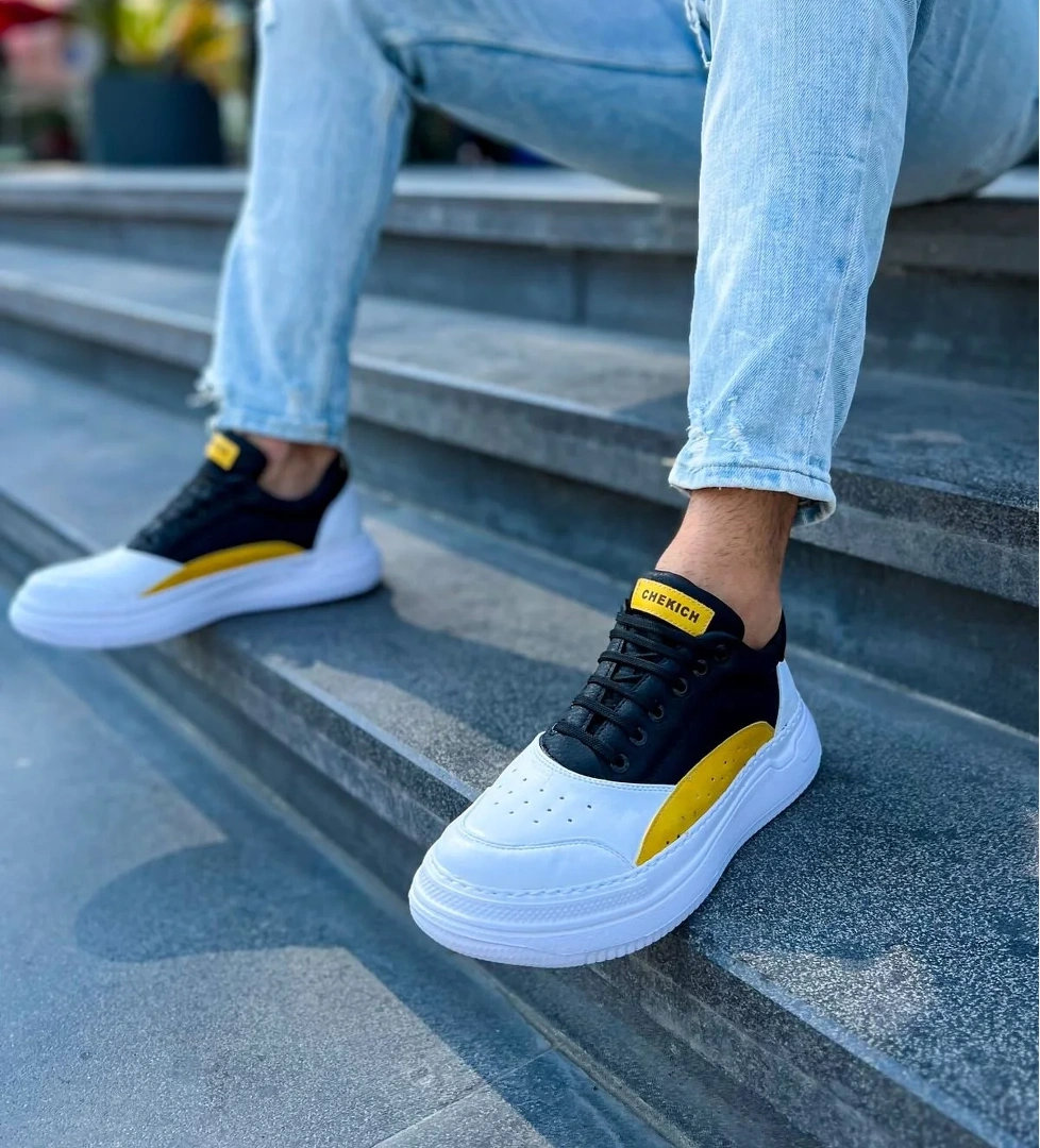 Bağcıklı Erkek Spor Ayakkabı Beyaz Sarı Siyah