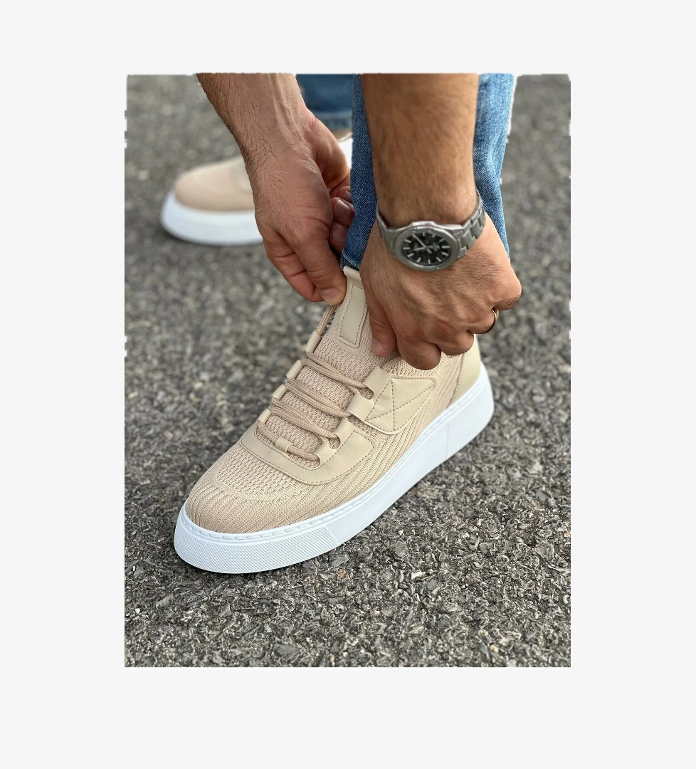 Bağcık Detaylı Triko Kumaş Erkek Spor Ayakkabı Bej - Görsel 1