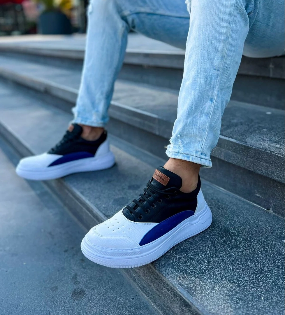 Bağcıklı Erkek Spor Ayakkabı Beyaz Siyah Saks - Görsel 1