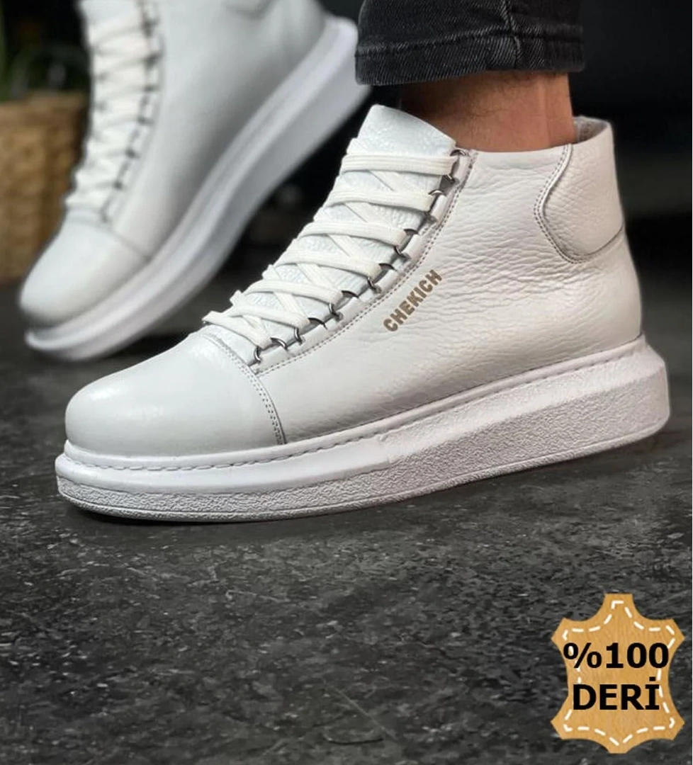Bağcıklı Hakiki Deri Erkek Sneaker Bot Beyaz