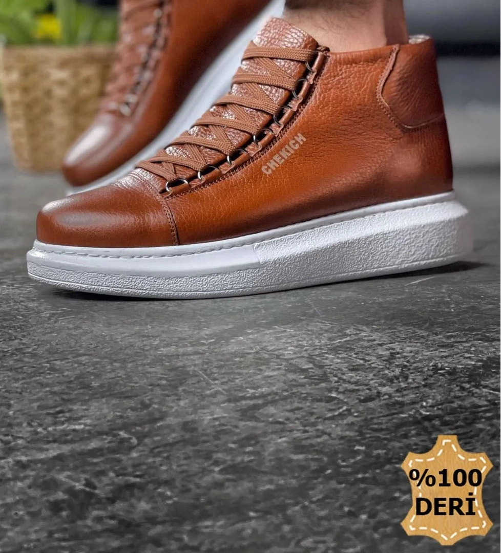 Bağcıklı Hakiki Deri Erkek Sneaker Bot Taba
