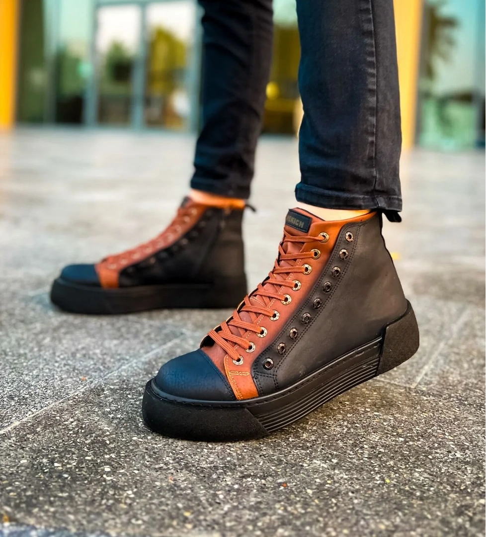 Pabucmarketi Fermuarlı Bağcık Detaylı Erkek Sneaker Bot Siyah Sarı model görseli