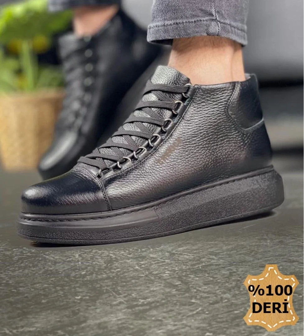 Pabucmarketi Bağcıklı Hakiki Deri Erkek Sneaker Bot Siyah model görseli