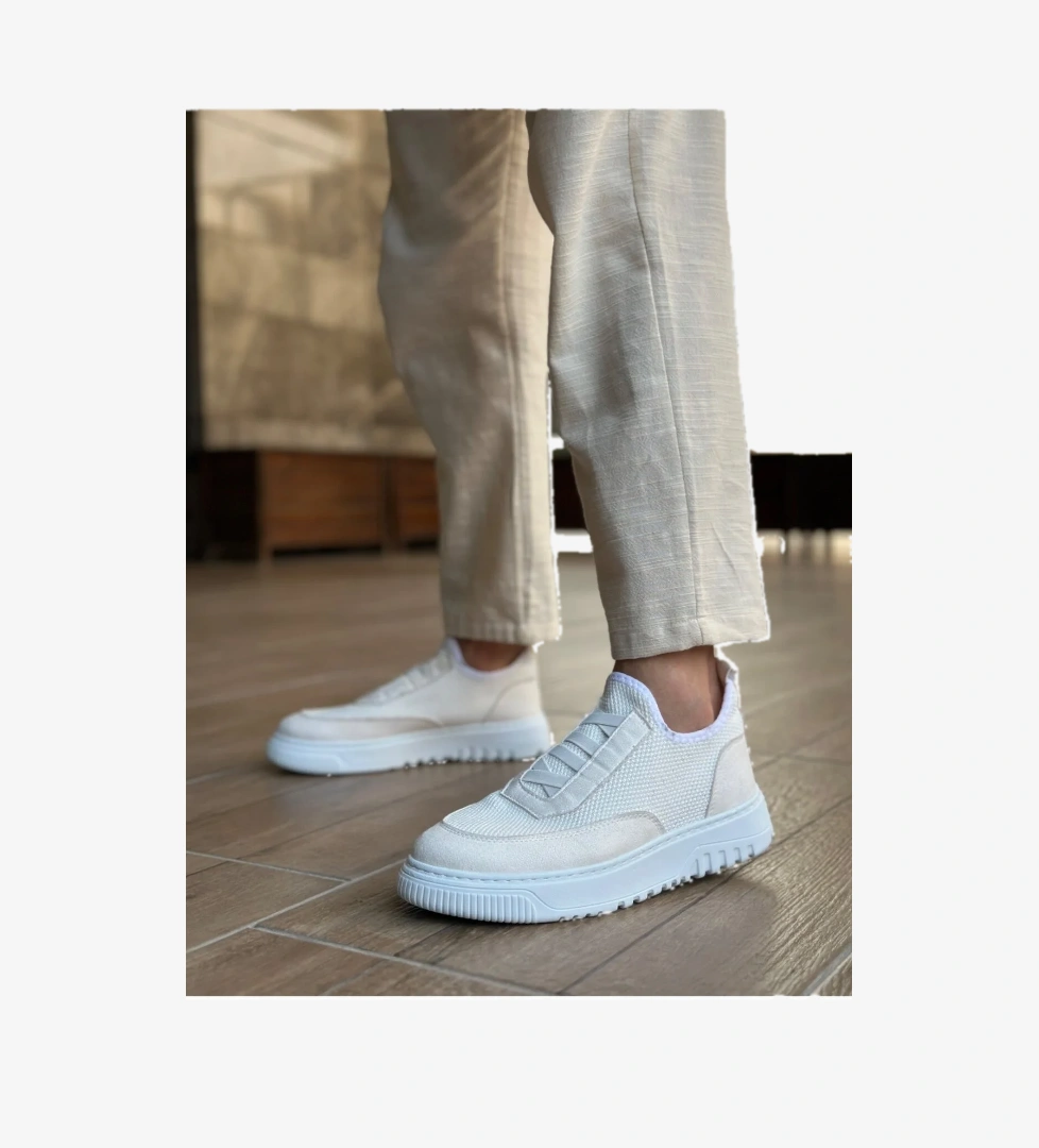 Bağcıksız Lastik Detaylı Triko Erkek Hi Sneaker BEYAZ (BEYAZ TABAN) - Görsel 1