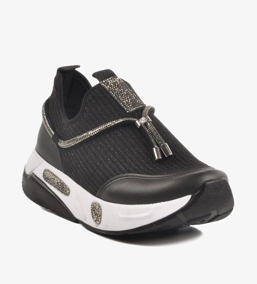 702498 Z Siyah-Beyaz Kadın Taşlı Günlük Ayakkabı