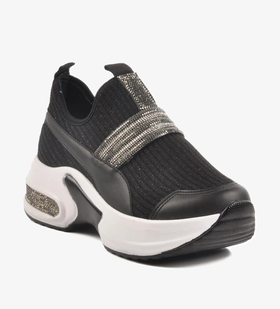 702307 Z Siyah-Beyaz Kadın Taşlı Günlük Ayakkabı