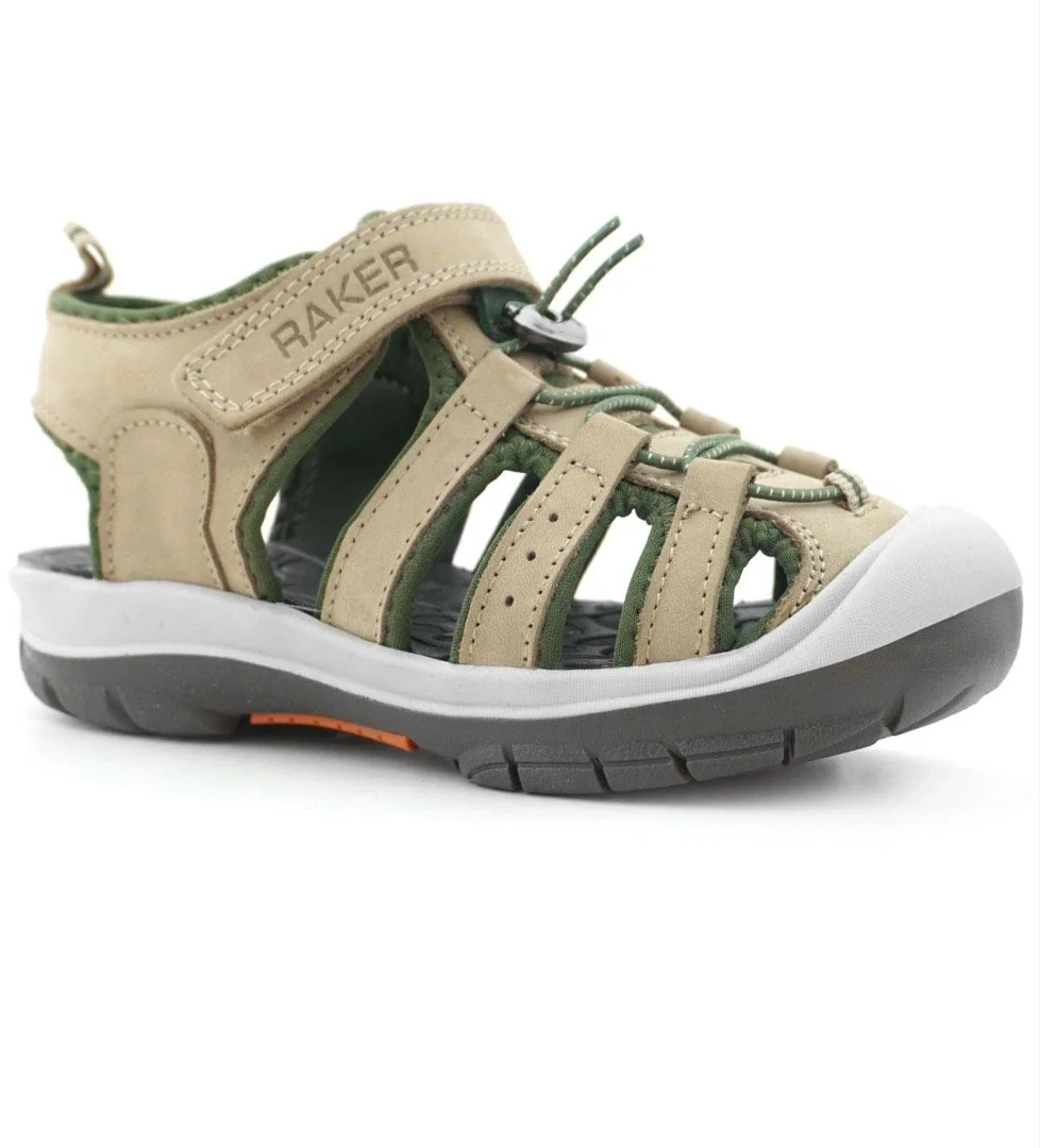 Hakiki Deri Kum Rengi Haki Yeşil Çocuk Sandalet - Görsel 1