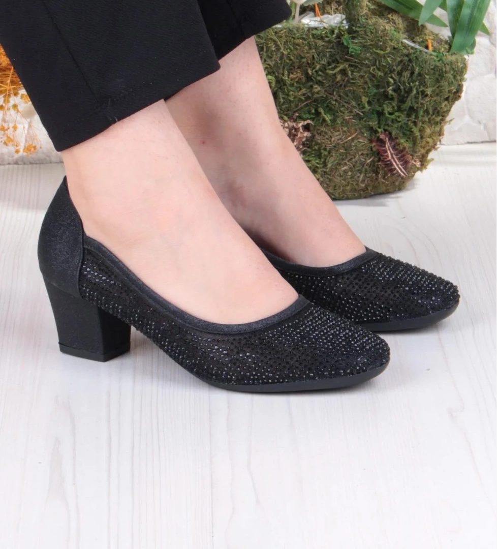 86005 Nur Dantel Taş Detaylı Alçak Topuklu Kadın Ayakkabı - Görsel 1