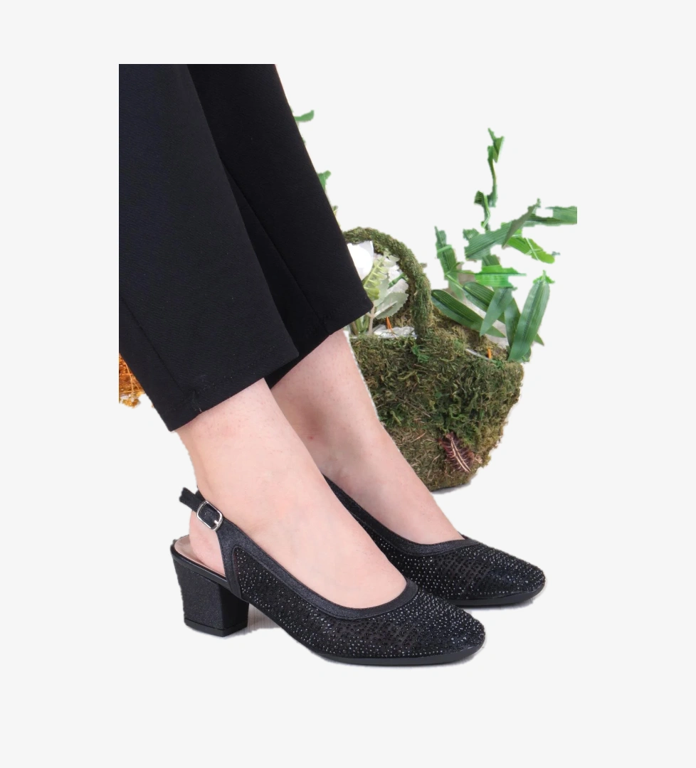 Fort 86004 Nur Dantel Taş Detaylı Arkası Açık Alçak Topuklu Kadın Ayakkabı model görseli