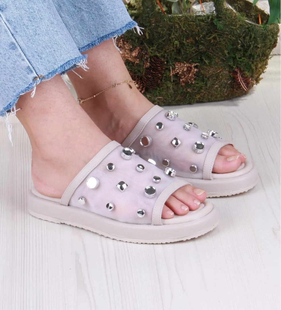 5054 Keçeli Tül Taş Detaylı Rahat Şık Kadın Terlik