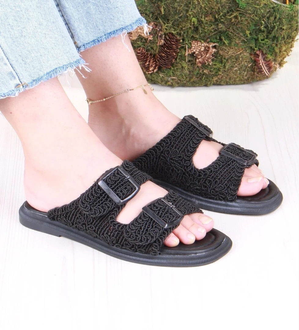 5053 Soft Rahat Örgülü İki Tokalı Kadın Terlik - Görsel 1