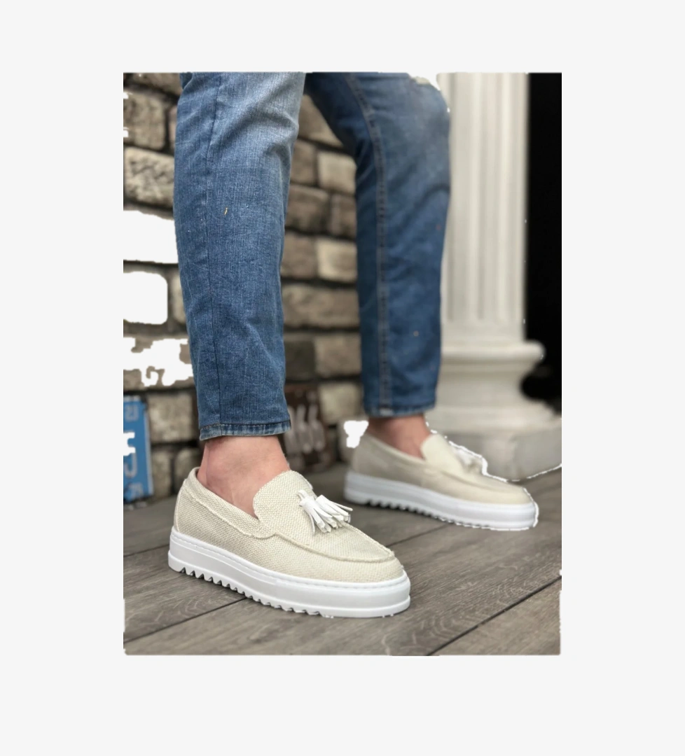 Bağcıksız Püsküllü Keten Erkek Ayakkabı BEYAZ (BEYAZ TABAN) - Görsel 1