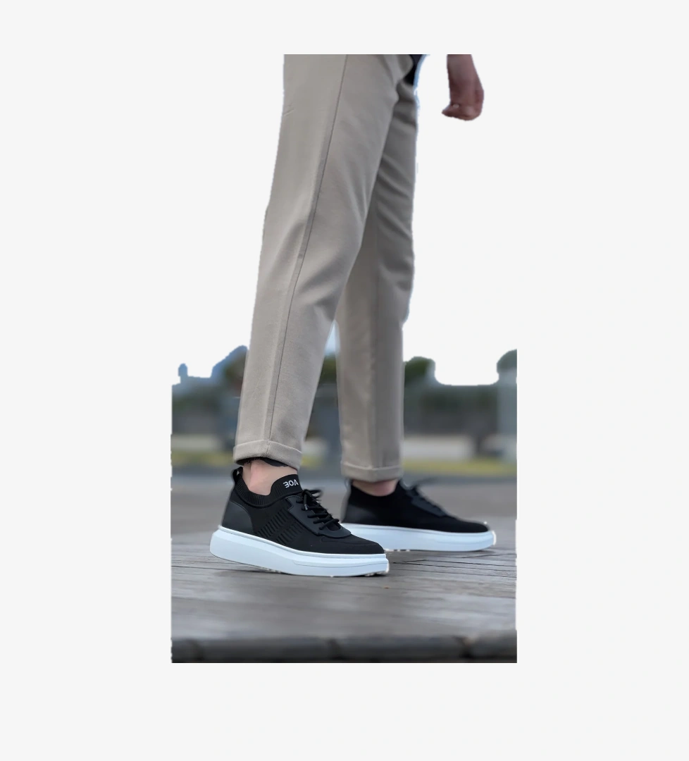 Pabucmarketi Bağcık Detaylı Triko Erkek Spor Ayakkabı SİYAH (BEYAZ TABAN) model görseli