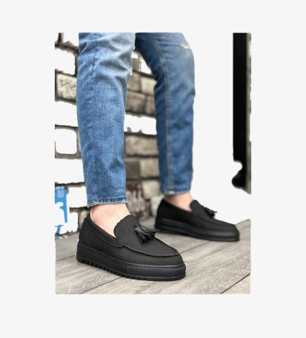 Pabucmarketi Bağcıksız Püsküllü Keten Erkek Ayakkabı SİYAH (SİYAH TABAN) model görseli