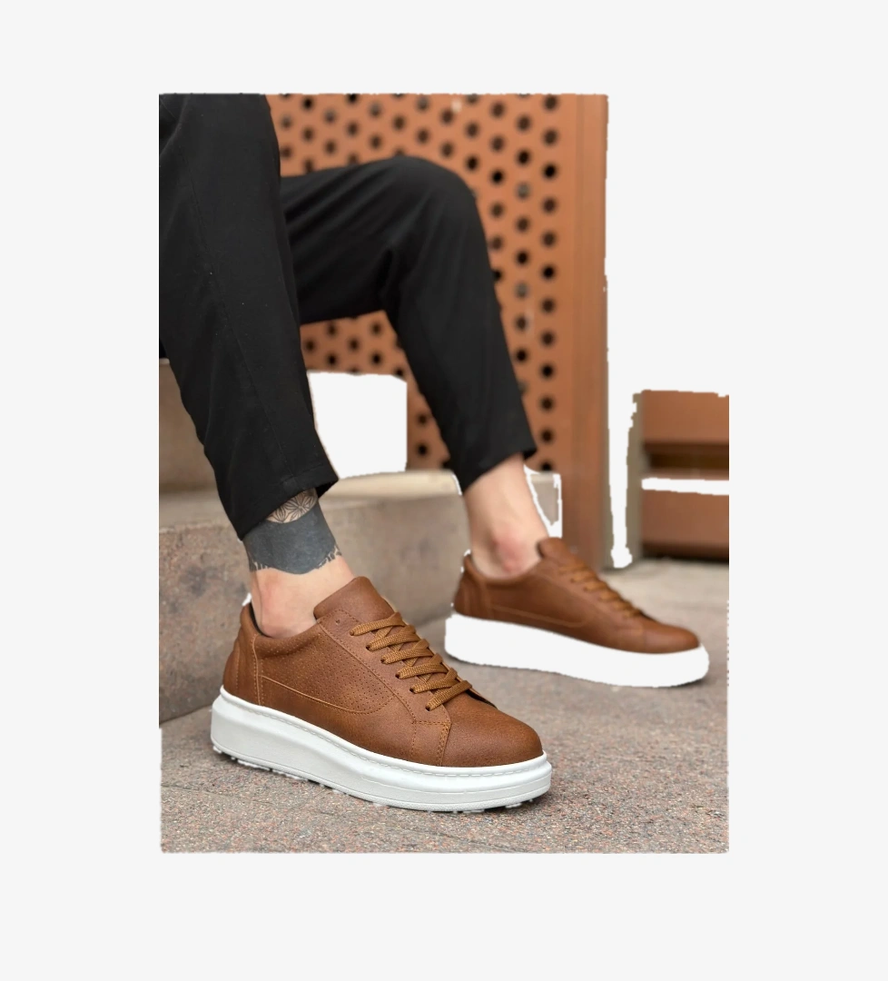 Pabucmarketi Bağcıklı Yüksek Taban Erkek Spor Ayakkabı TABA (BEYAZ TABAN) model görseli