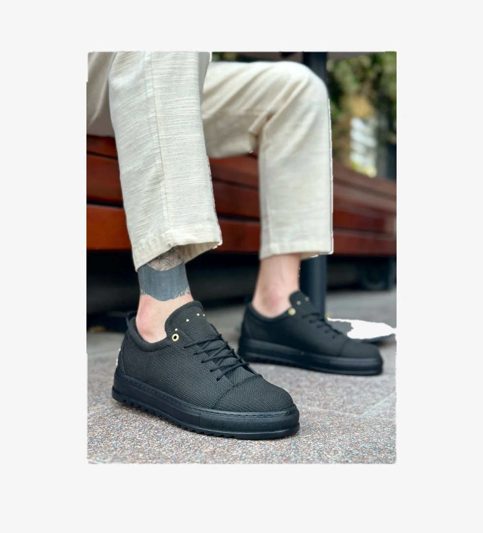 Pabucmarketi Bağcıklı Keten Erkek Ayakkabı SİYAH (SİYAH TABAN) model görseli