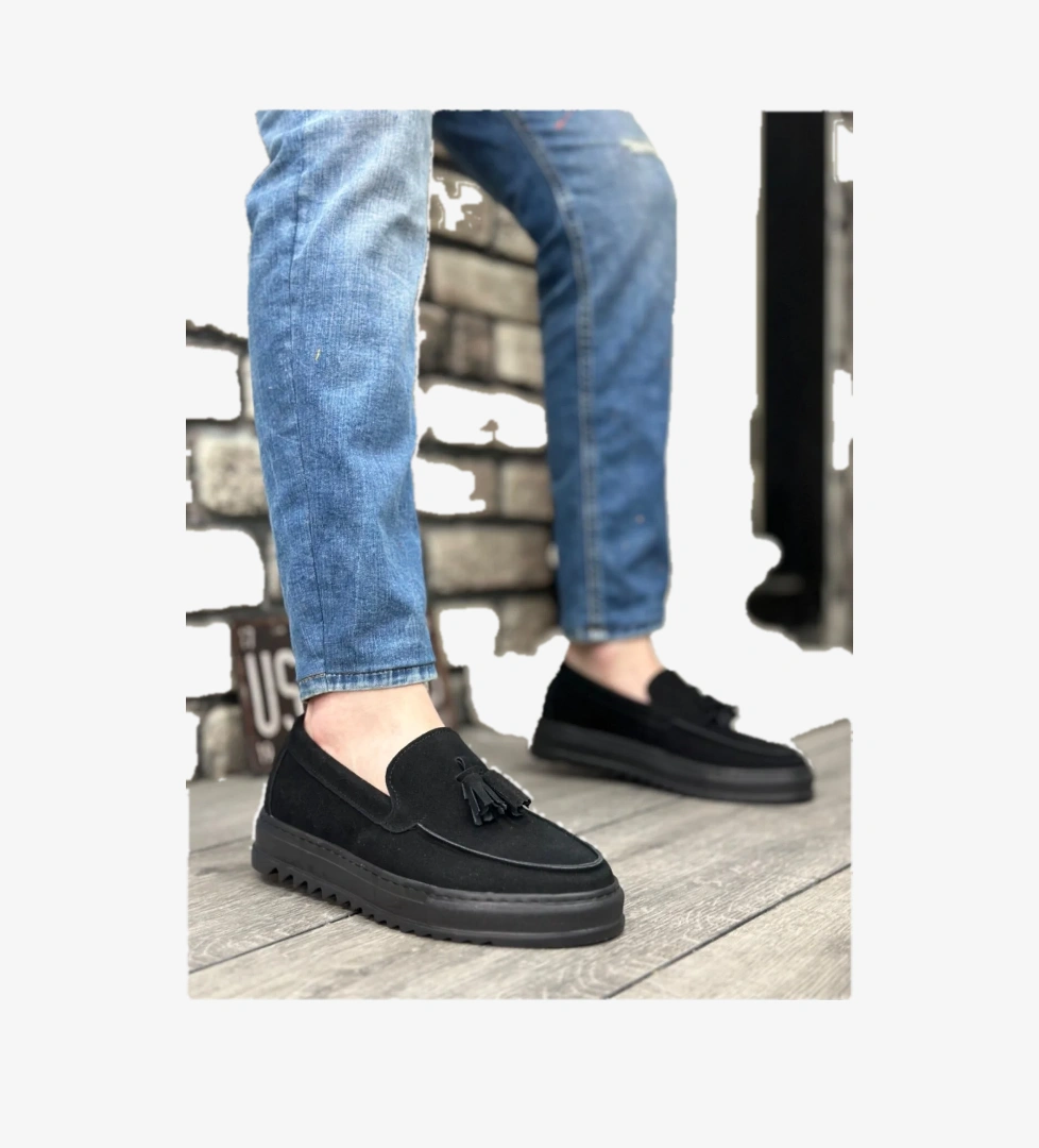 Pabucmarketi Bağcıksız Püsküllü Erkek Ayakkabı SİYAH SÜET (SİYAH TABAN) model görseli