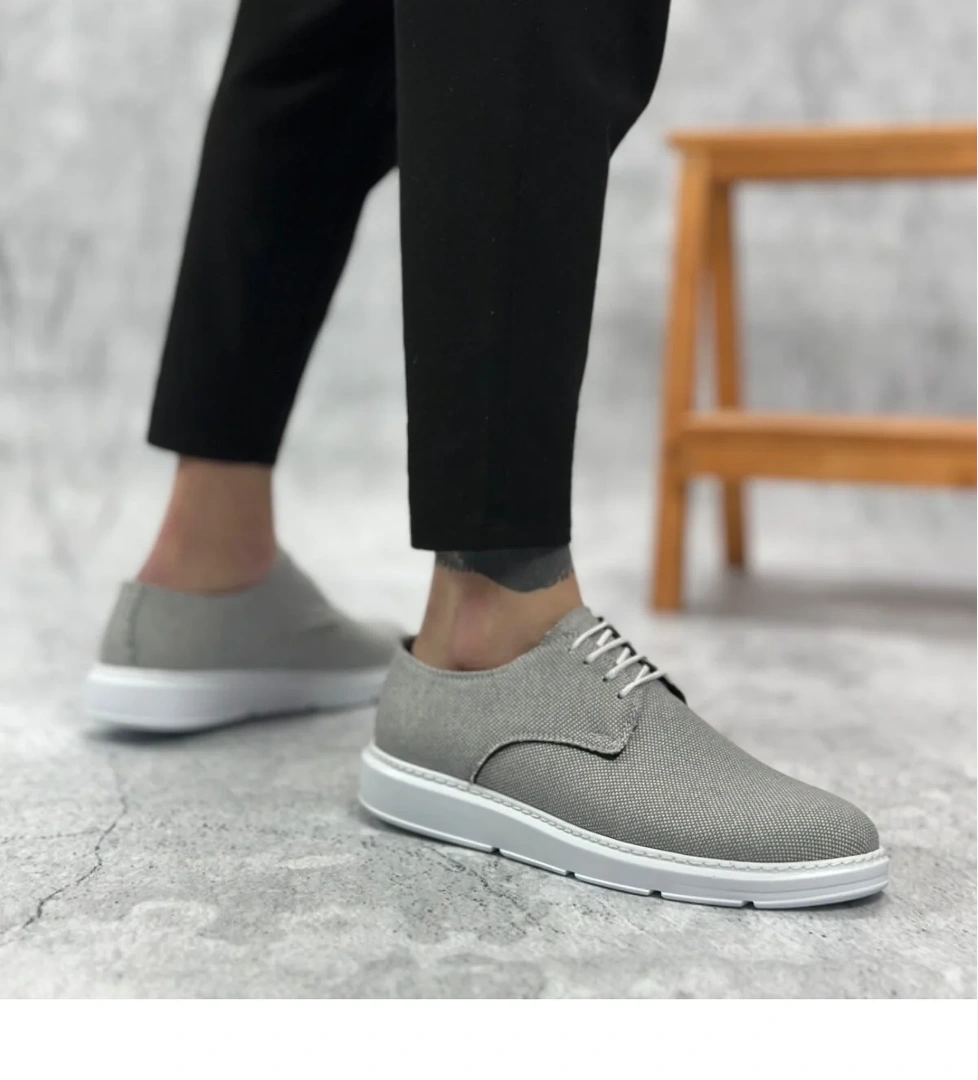 Pabucmarketi Bağcıklı Keten Casual Erkek Ayakkabı KOYU GRİ (BEYAZ TABAN) model görseli