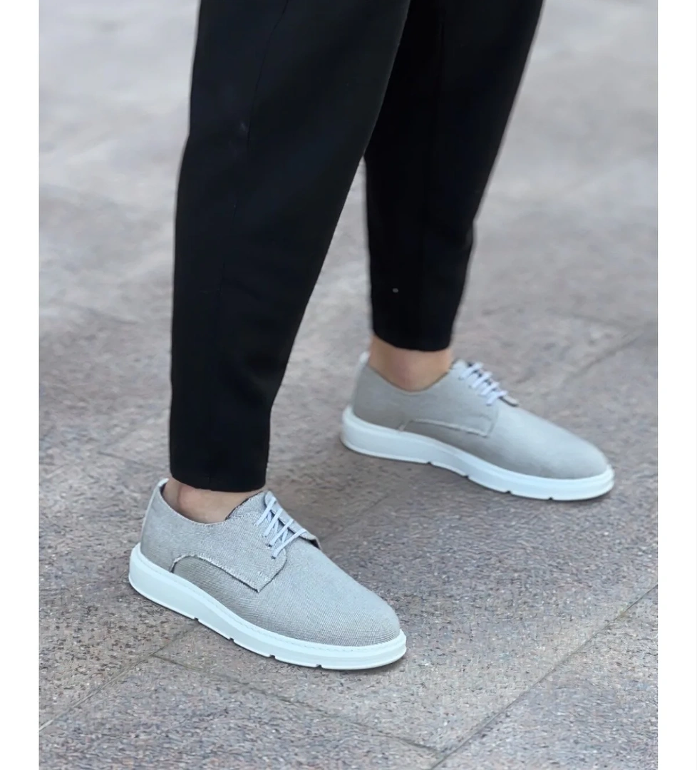 Pabucmarketi Bağcıklı Casual Erkek Ayakkabı GRİ KETEN (BEYAZ TABAN) model görseli
