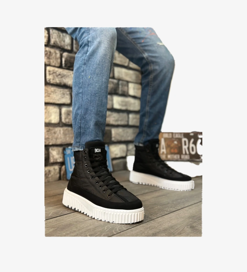 Pabucmarketi Bağcıklı Paraşüt Kumaş Siyah Detaylı Erkek Spor Bot SİYAH (BEYAZ TABAN) model görseli