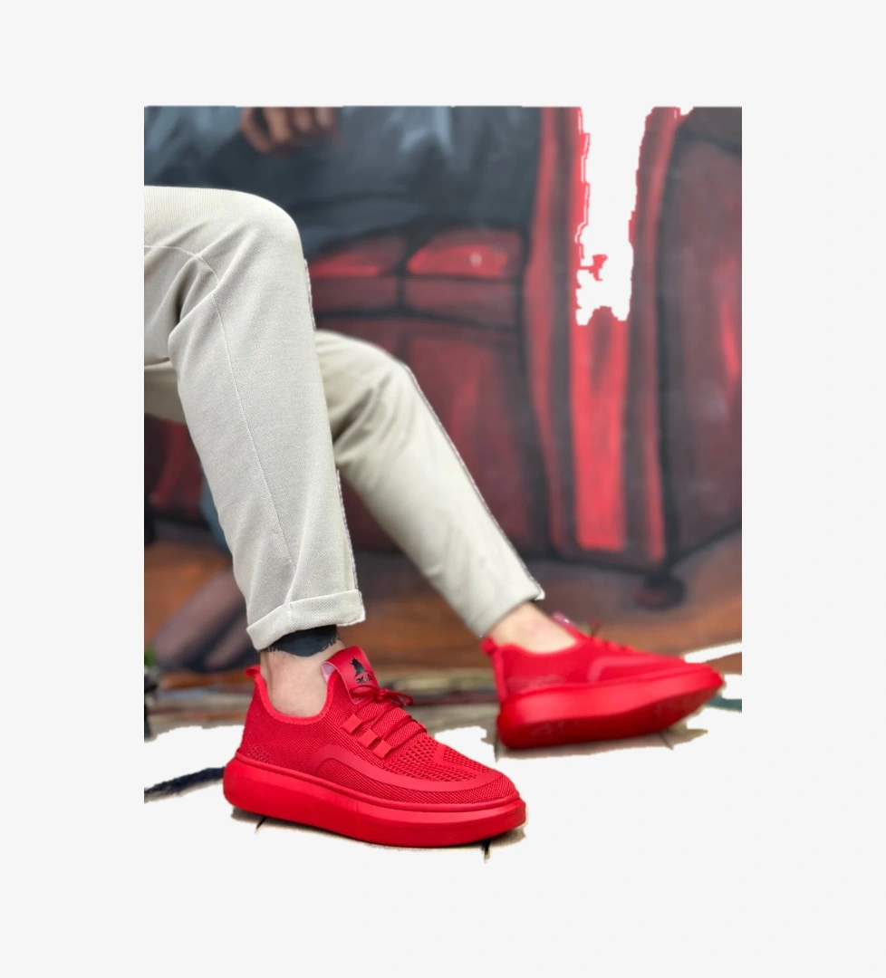 Pabucmarketi Bağcık Detaylı Triko Erkek Spor Ayakkabı KIRMIZI (BEYAZ TABAN) model görseli
