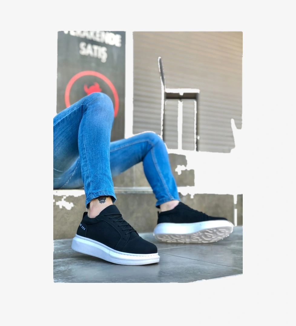 Bağcıklı Erkek Spor Ayakkabı SİYAH (BEYAZ TABAN) - Görsel 1