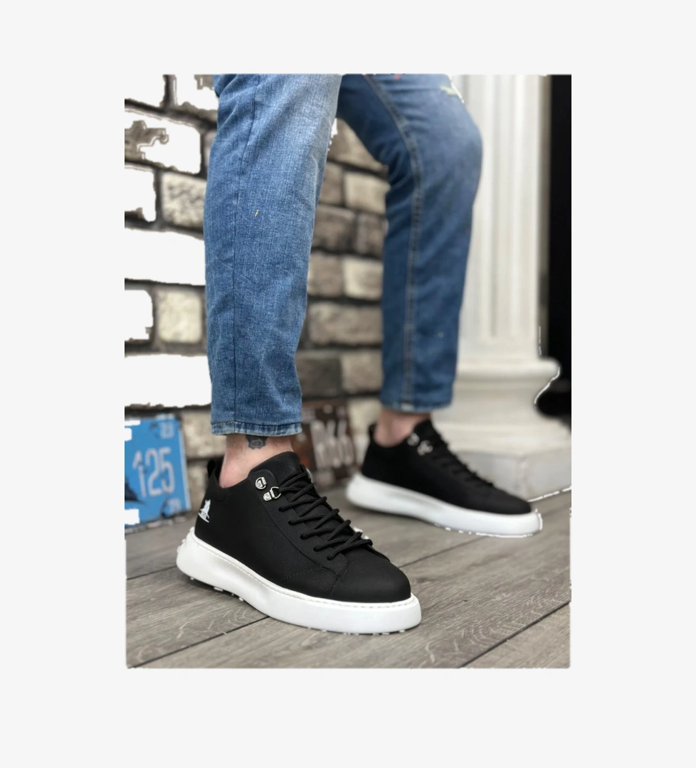 Pabucmarketi Bağcıklı Erkek Spor Ayakkabı SİYAH (BEYAZ TABAN) model görseli