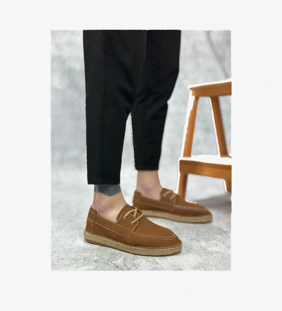 Pabucmarketi Bağcık Detaylı Doğal Deri Tozu Kauçuk El Yapımı Espadril Erkek Ayakkabı TABA model görseli