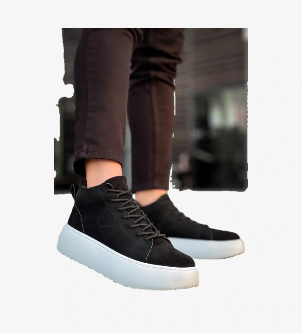 Pabucmarketi Bağcıklı Erkek Spor Bot SİYAH SÜET (BEYAZ TABAN) model görseli