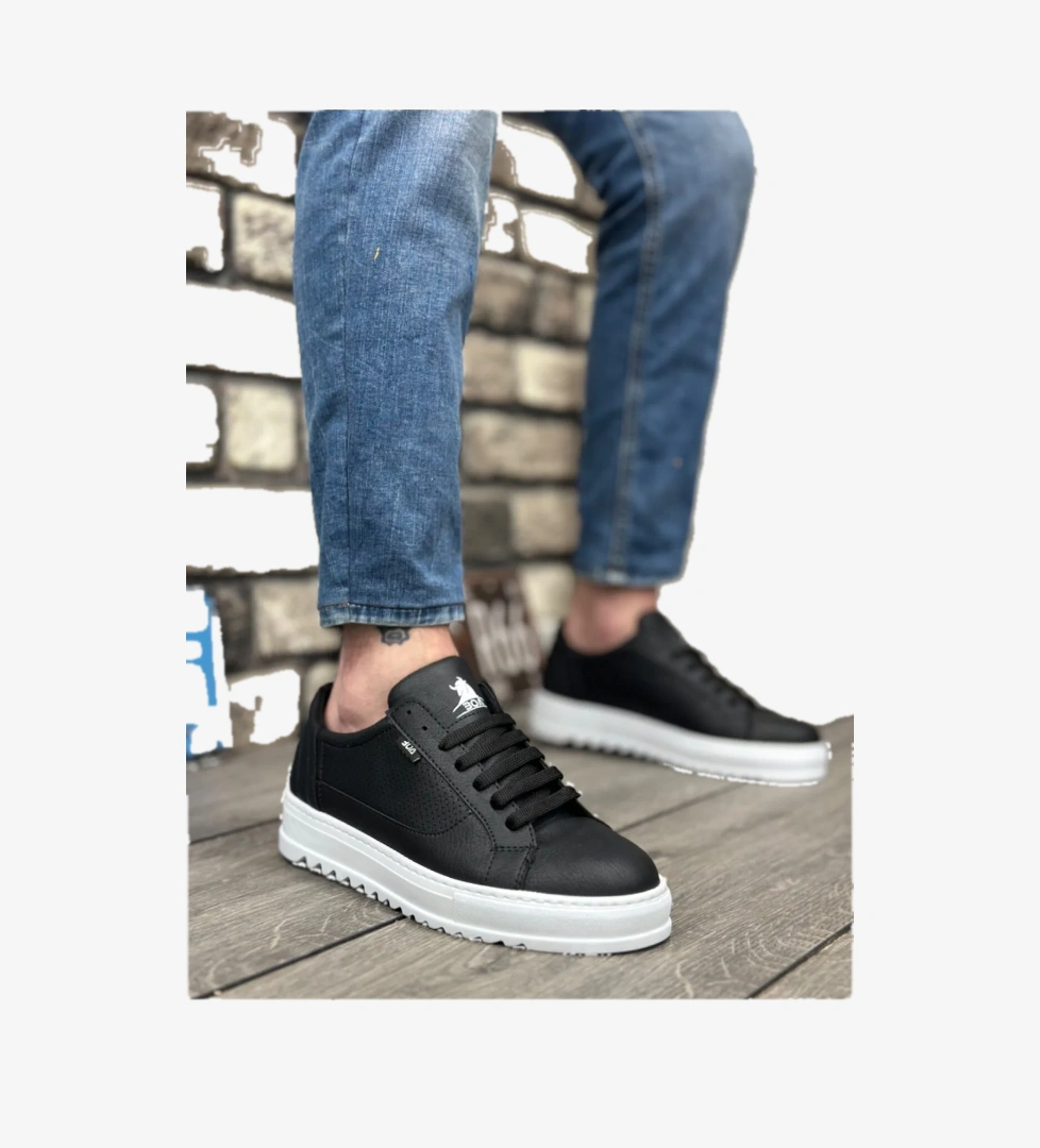 Pabucmarketi Bağcıklı Erkek Spor Ayakkabı SİYAH (BEYAZ TABAN) model görseli