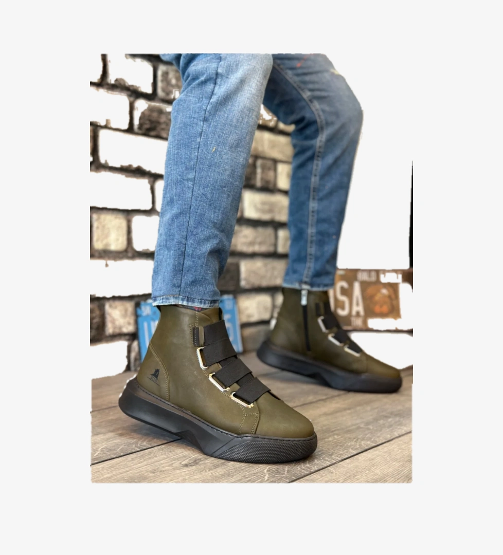 Pabucmarketi Bantlı Fermuarlı Erkek Spor Bot HAKİ YEŞİL (SİYAH TABAN) model görseli