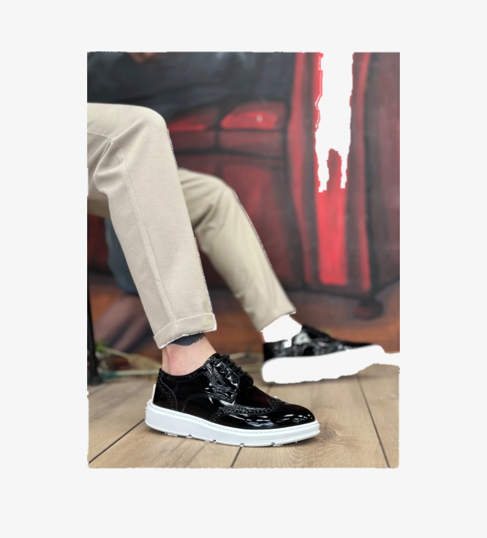 Pabucmarketi Bağcıklı Casual Erkek Ayakkabı SİYAH RUGAN (BEYAZ TABAN) model görseli