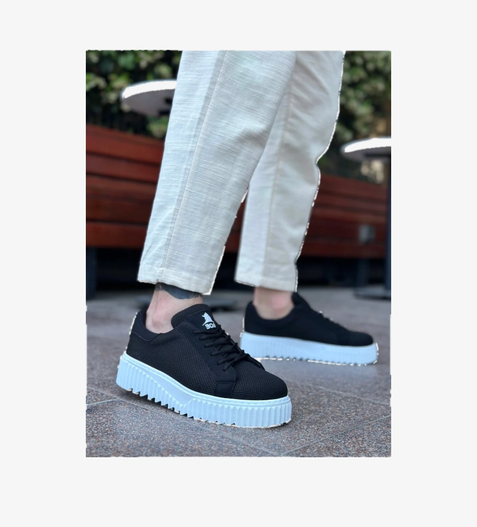 Bağcıklı Triko Erkek Günlük Ayakkabı SİYAH (BEYAZ TABAN) - Görsel 1