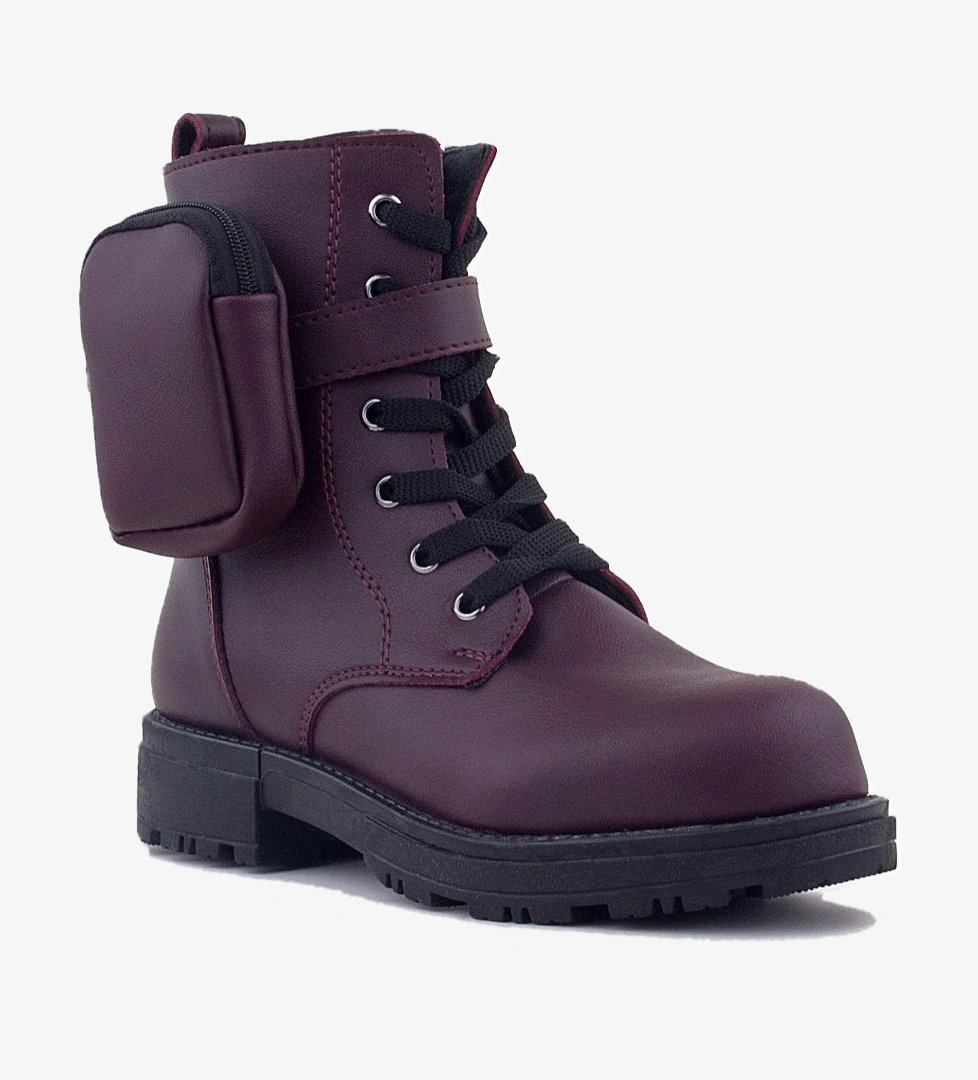 Bordo Fermuarlı Bağcıklı Cüzdanlı Kız Çocuk Bot - Görsel 1