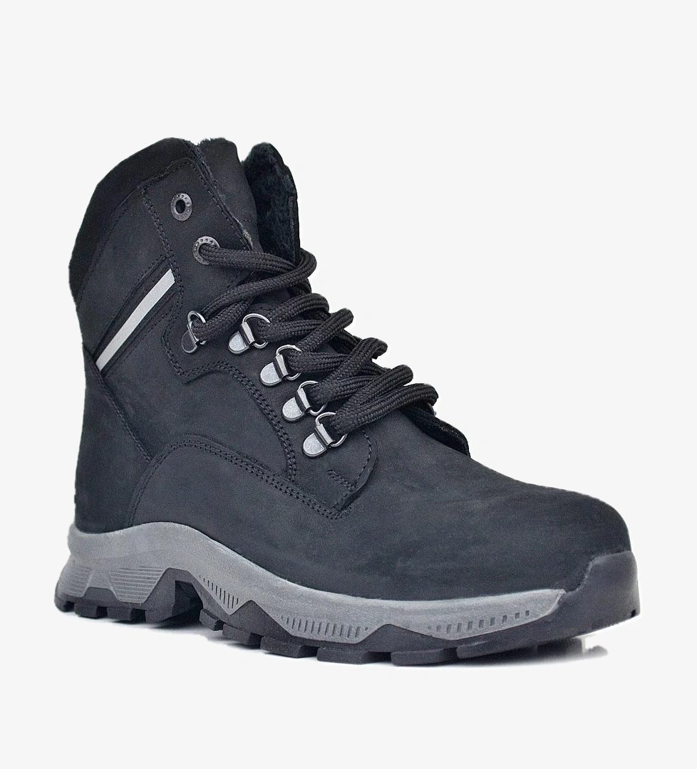 Hakiki Deri Siyah Süet Bağcıklı Fermuarlı Trekking Çocuk Bot - Görsel 1