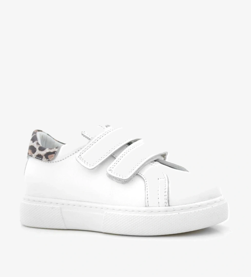 Hakiki Deri Beyaz Cırt Cırtlı Leopar Desenli Kız Çocuk Spor Ayakkabı - Görsel 1