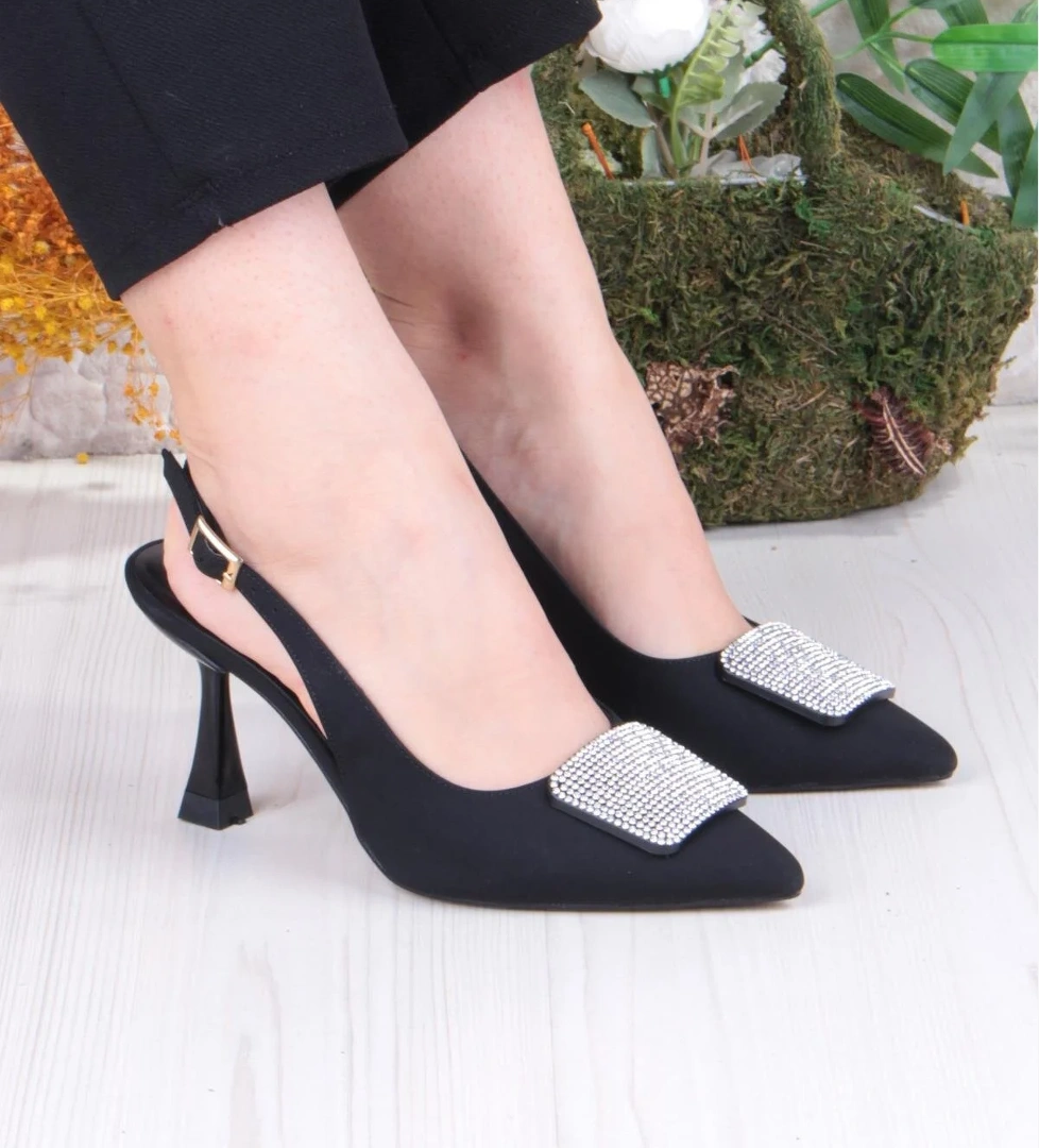 132-1333 Fls Saten Taşlı Toka Detaylı Arkası Açık Önü Kapalı Topuklu Kadın Ayakkabı - Görsel 1