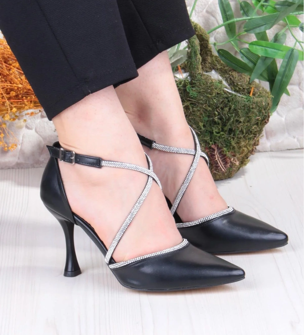 35693 Cilt Çapraz Bantlı Biye Taşlı Topuklu Abiye Ayakkabı Kadın Ayakkabı - Görsel 1